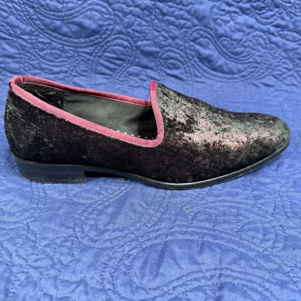 Stacy‎ Adams Mens Crushed Velvet Loafers Black Burgundy Slip On Size 9.5M NICE